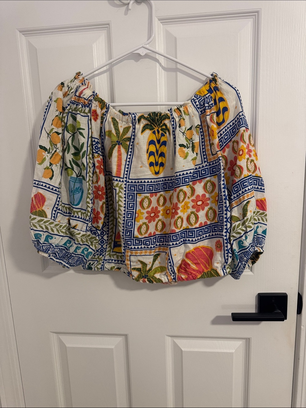 Rachel Zoe White Tropical Off-Shoulder Blouse with Blue and Yellow Print